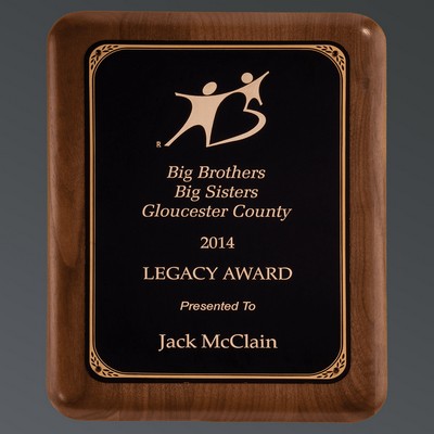 Genuine American Walnut with Round Corners, Black Brass Plate/Gold Florentine, Medium (8"x10-1/2")