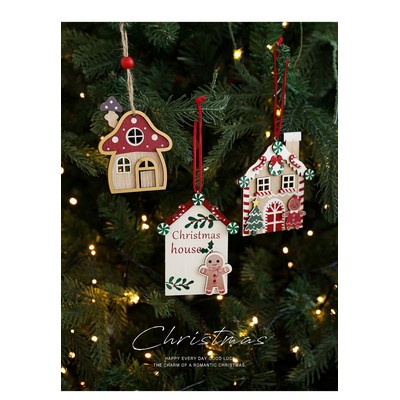 Wooden House Hanging Ornament Painted Wood Christmas Tree Decoration Holiday Scene Display