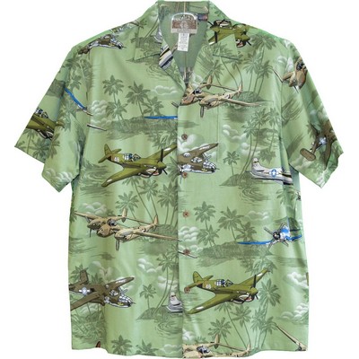 Hawaiian Tropical Military Print Green Shirt Airplanes Circa WWII