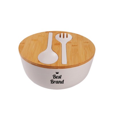 Salad Bowl with Bamboo Lid & Built-in Fork/Spoon Set