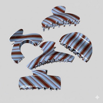 Vintage Winter Blue & Brown Striped Hair Claw Premium Aesthetic Shark Clip Sophisticated Retro