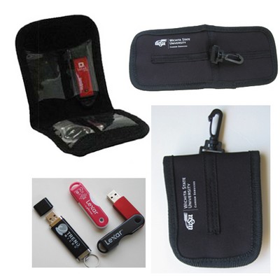 Black Neoprene USB Storage Case W/Velcro Foldover Closure And Carabiner Hook