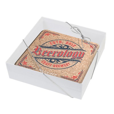 Set of 4 Natural Cork Coasters 3/16" thick, Square (3.5" x 3.5"), Full Color Imprint Gift Boxed