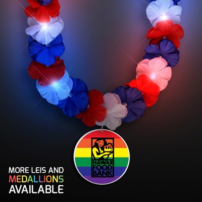 Red, White & Blue LED Hawaiian Lei with Custom Rainbow Medallion - PRINTED