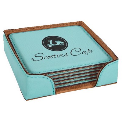 Square Coaster Set, Teal Faux Leather, 4" Dia