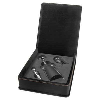 Black/Gold Leatherette 3-Piece Wine Tool Gift Set