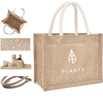 100% Natural Jute Burlap Tote Bag With Soft Canvas Handles