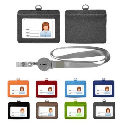 PU Leather Horizontal ID Card Holder with Lanyard