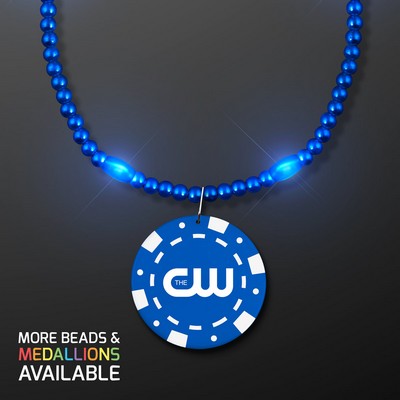 Blue LED Bead Necklace with Blue Poker Chip Medallion - PRINTED