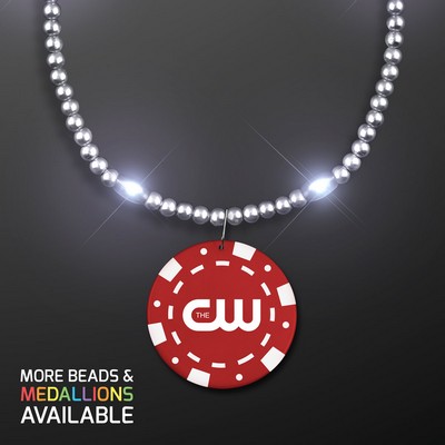 Silver LED Bead Necklace with Red Poker Chip Medallion - PRINTED