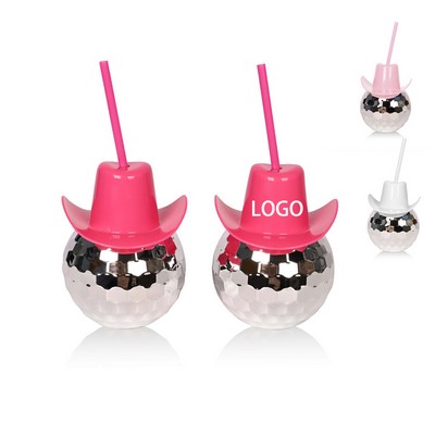 20 Oz Plastic Eye-Catching Disco Mirrored Ball Drink Tumbler W/ Cowboy Hat Lid & Straw
