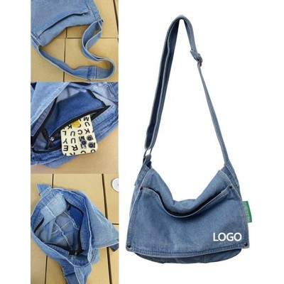12.9 X 8.7 Inch Denim Crossbody Messenger Bag W/ Wide Strap
