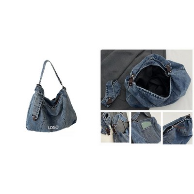 14.9 X 11.8 Inch Denim Zippered Tote Bag W/ Dual Wide Strap
