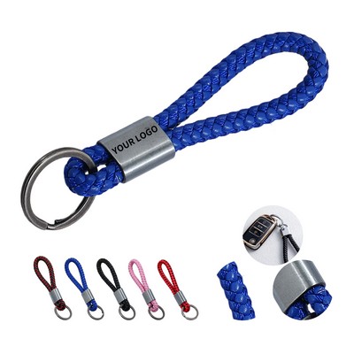 Woven Leather Rope Key Ring With Metal Body 5" Length