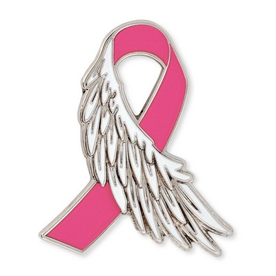 3D Breast Cancer Ribbon with Angel Wing Pin