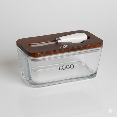 Glass Butter Cheese Dish with Lid Rectangular Airtight Container with Spreader
