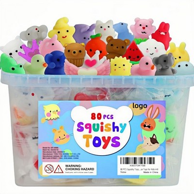 80PCS Cute Pet Squishy Toys in Bucket Assorted Soft Squeeze Fidget for Kids and Teens
