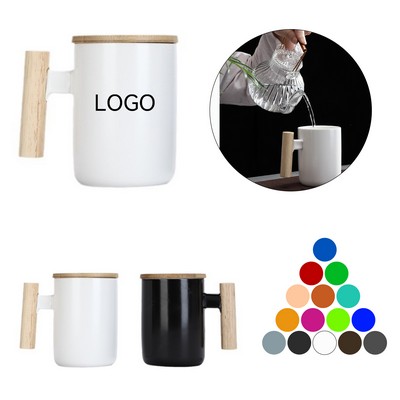 12Oz. Ceramic Mug with Wooden Handle and Lid