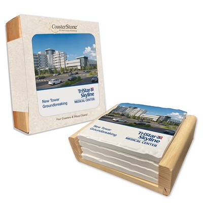 Light Wood Stand Bundled w/ 4 Square Tumbled Coasters