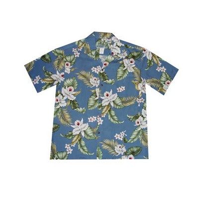 Blue Hawaiian Tropical Print 100% Rayon Silky Feel Bahama Shirt