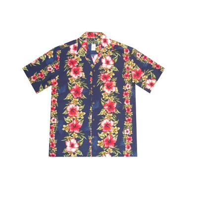 Navy Blue Hawaiian Tropical Print 100% Rayon Silky Feel Bahama Shirt