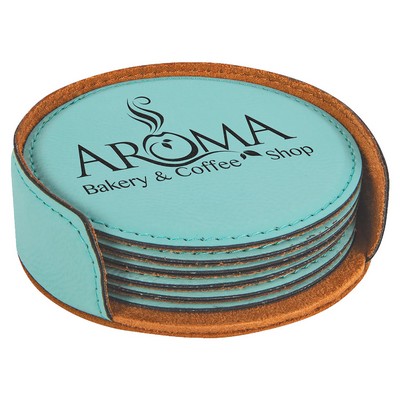 4" Teal Blue Round Laserable Leatherette 6-Coaster Set