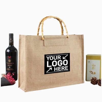 Burlap Tote Bag with Bamboo Handle