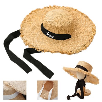 Women'S Lace-Up Sun Protective Wide Brim Flat Straw Hat