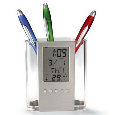 Transparent Pen Holder With Clock