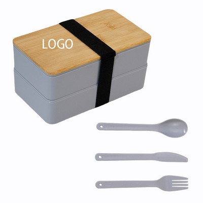 Eco Friendly Stackable Dual Compartment Bamboo PP Lunch Box Set w/Utensils