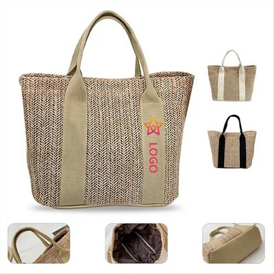 Women Beach Vacation Large Top Handle Straw Handbag Tote
