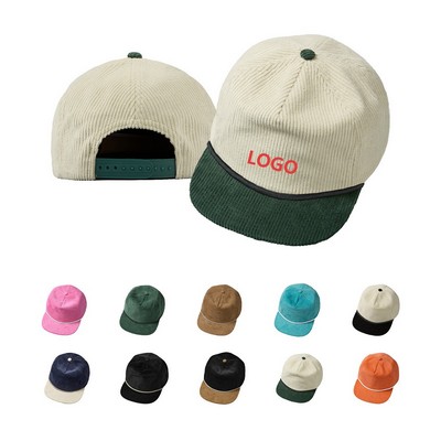 Vintage Corduroy Rope Snapback Cap - 5 Panel Flat Bill Hat