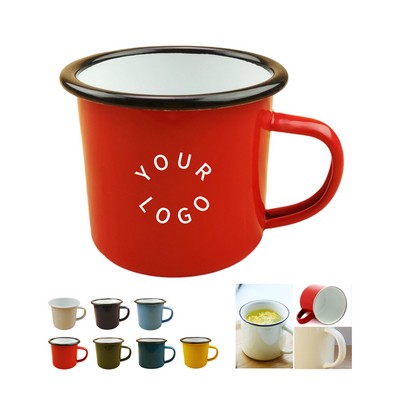 Enamel Metal Camper Mug 12oz Retro Style With Blue Rim