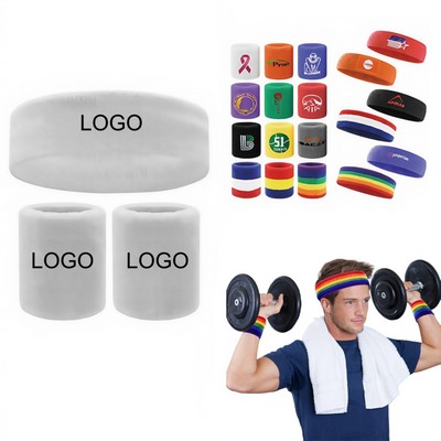 Unisex Sports Sweat Wicking Terry Wristband & Headband Set