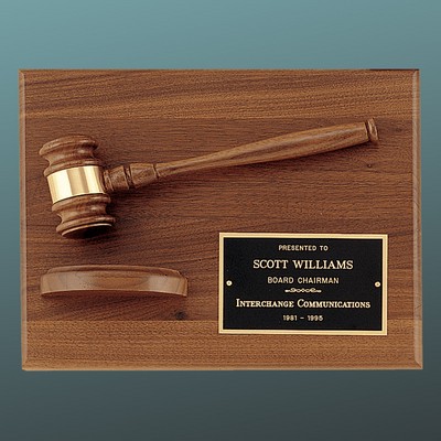 Solid Walnut Gavel Plaque with Banded Walnut Gavel, Sounding Block, Black Brass Plate, 9"x12"