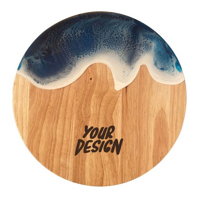 Ocean Wave Resin Round Wood Serving Tray