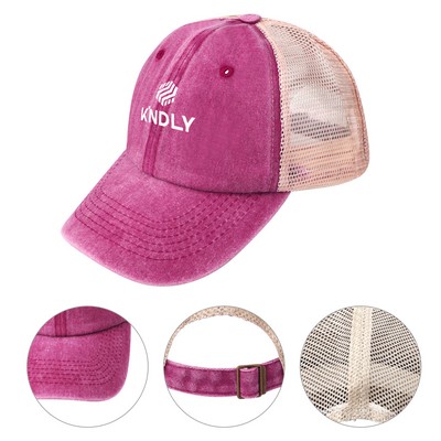 6 Panel Washed Cotton Trucker Hat W/ Mesh Back