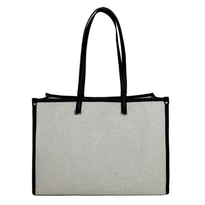 Large-Capacity Poly-Cotton Tote with Magnetic Top and Reinforced Leather Base