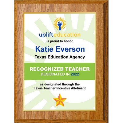 10.5" x 13" Oak Finish Plaque w/ Full Color Sublimated Imprint and Back Plate