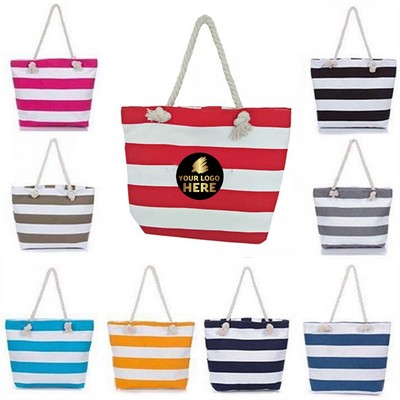 Striped Beach Tote With Secure Zipper