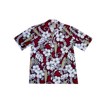 Red Hawaiian Cotton Poplin Shirt w/ Button Front & Short Sleeves