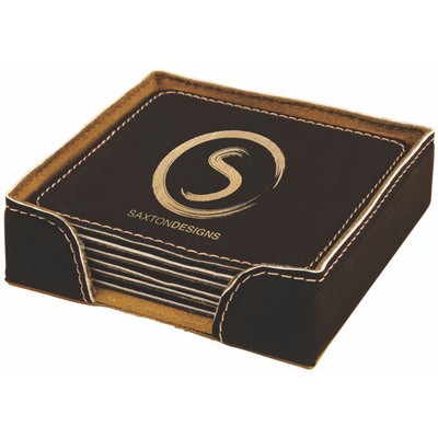 Coaster Set - Leatherette - Black/Engraves Gold