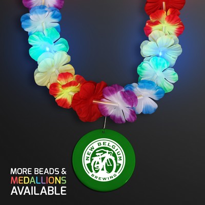 Rainbow Lei LED Flower Necklace with Green Medallion - PRINTED