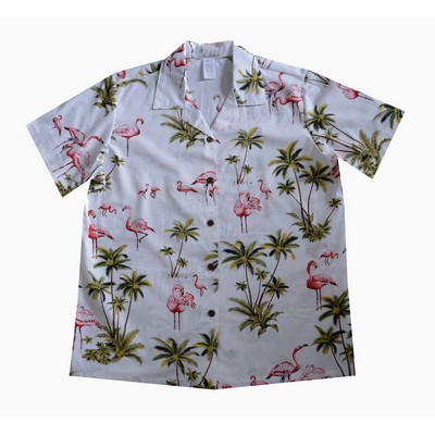 Ladies White Hawaiian Print Cotton Short Sleeve Shirt