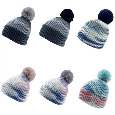 Tie Dye Printed Knitted Beanie With Pom