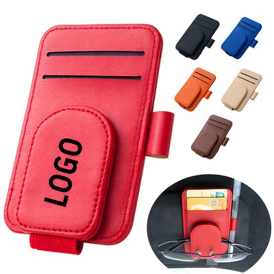 Colorful PU Leather Magnetic Auto Visor Eyeglasses Clip w/2 Cards & Pen Slots