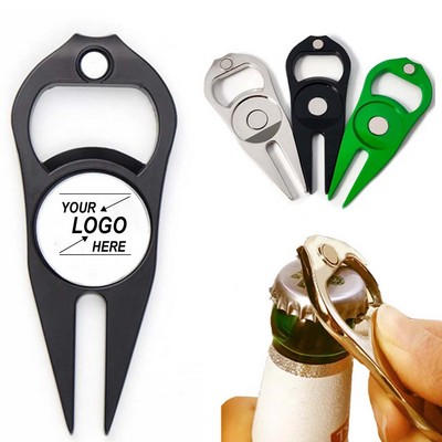 Multi-Function Bottle Opener with Fork and Ball Marker - Green Zinc Alloy