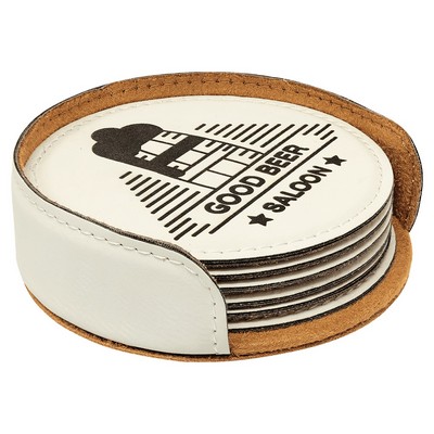 Round Coaster Set with 6 pcs, White Faux Leather, Engraved, 4" Dia