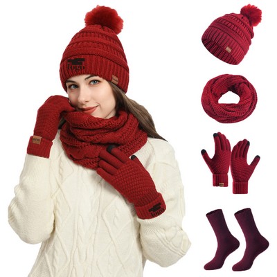 Knitted Beanie Hat Scarf Gloves Socks Set