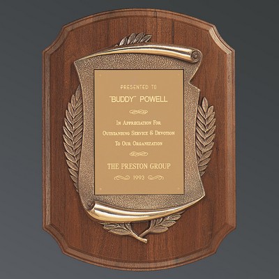 Curved Walnut Plaque with Scroll & Brushed Brass Plate, 11"x15"